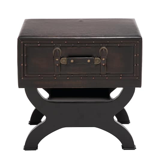 Brown Wood and Faux Leather Traditional Accent Table, 22" x 22" x 16"